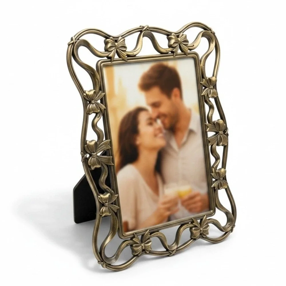 Vintage Antique Brass Ribbon & Bow Openwork Picture Frame 5x7 Coquette Romantic